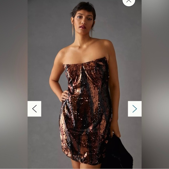 Anthropologie Strapless Sequin Mini Dress in Rose Gold, Black, & Rust Streak I 4 - Picture 9 of 10